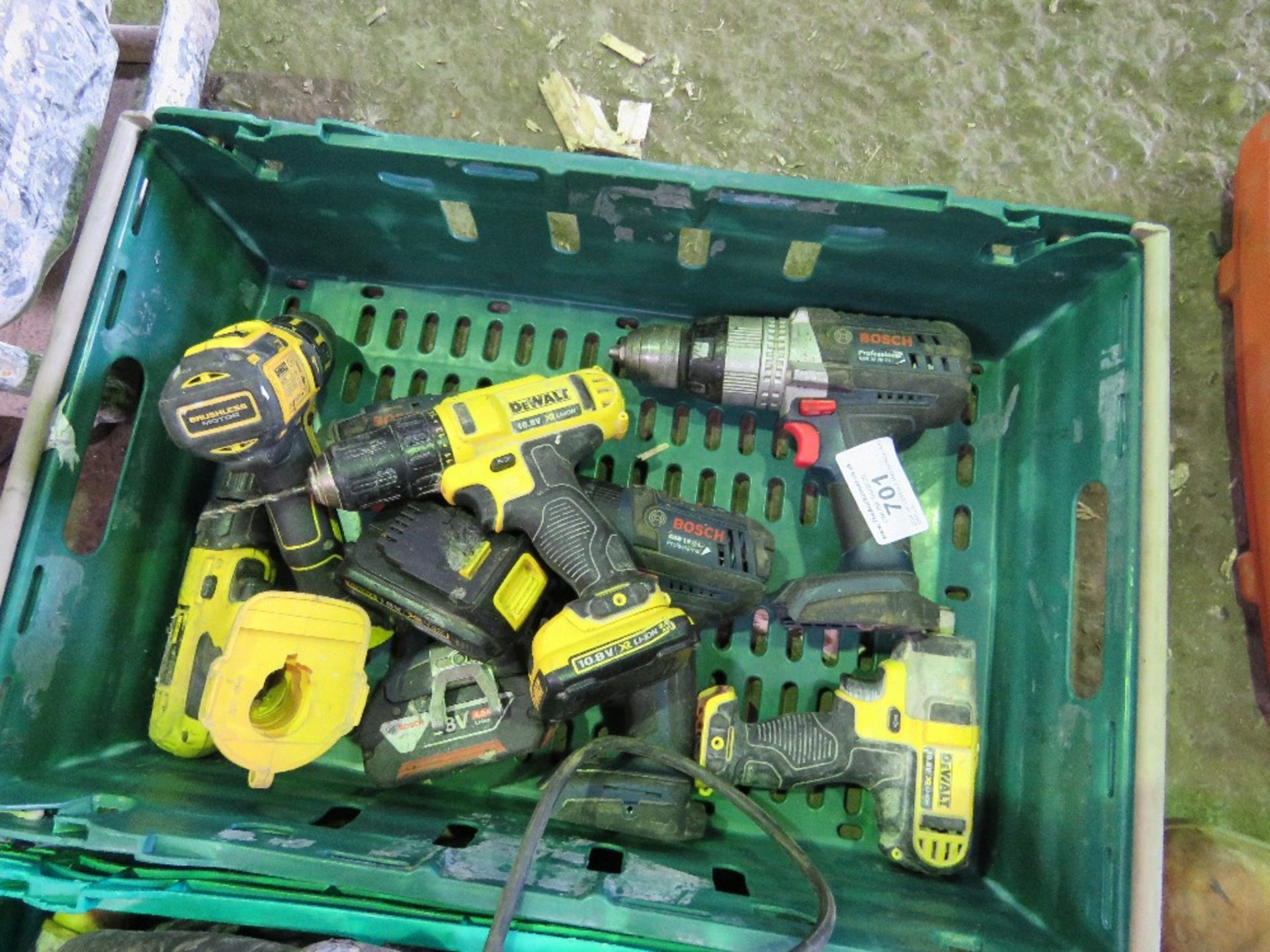 BOX OF DEWALT AND BOSCH BATTERY DRILLS.