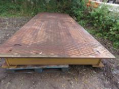LARGE STEEL PLATFORM DECK, 18FT X 7FT APPROX. HEAVY CHEQUER PLATE TOP ON A GIRDER FRAME.
