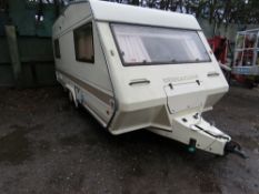 BESSACARR CAMEO 500 GLD TWIN AXLED CARAVAN, EX SITE. APPLIANCES UNTESTED. CONDITION UNKNOWN.