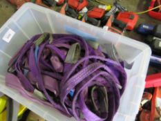 BOX OF LIFTING SLINGS AND STRAPS, UNTESTED. SOURCED FROM DEPOT CLEARANCE DUE TO A CHANGE IN COMPANY