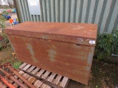 LARGE TOOL VAULT/FEED BIN 6FT WIDE APPROX. UNLOCKED, HIDDEN CLASP LOCKING FEATURE.