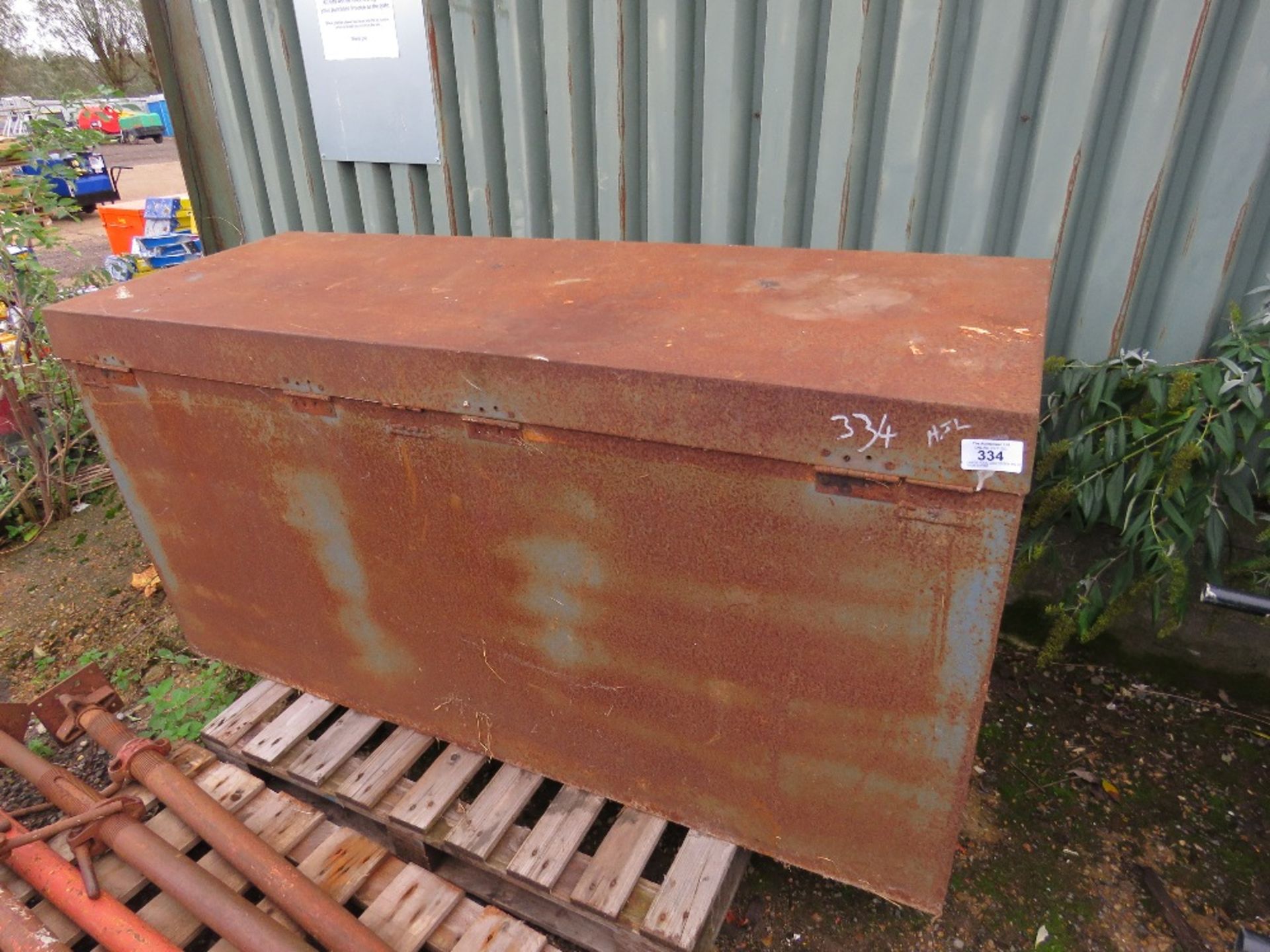 LARGE TOOL VAULT/FEED BIN 6FT WIDE APPROX. UNLOCKED, HIDDEN CLASP LOCKING FEATURE.