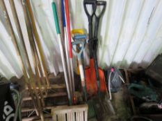 ASSORTED HAND TOOLS TO INCLUDE BROOMS, SPADES, HOSE REEL AND STEP UP UNIT.