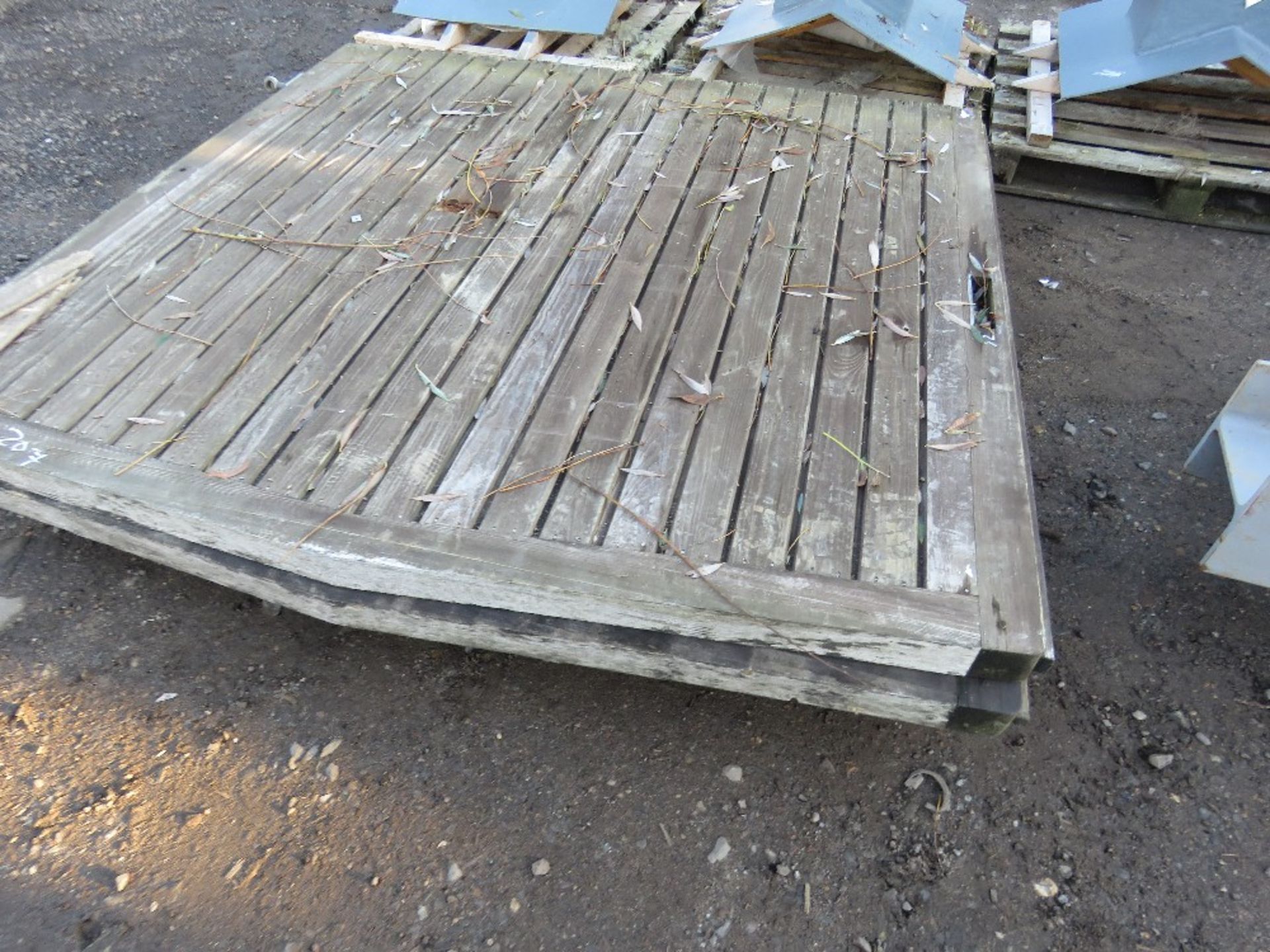 PAIR OF PRE-USED HEAVY DUTY WOODEN ENTRANCE GATES. 1.9M HEIGHT X 2.1M WIDTH EACH.
