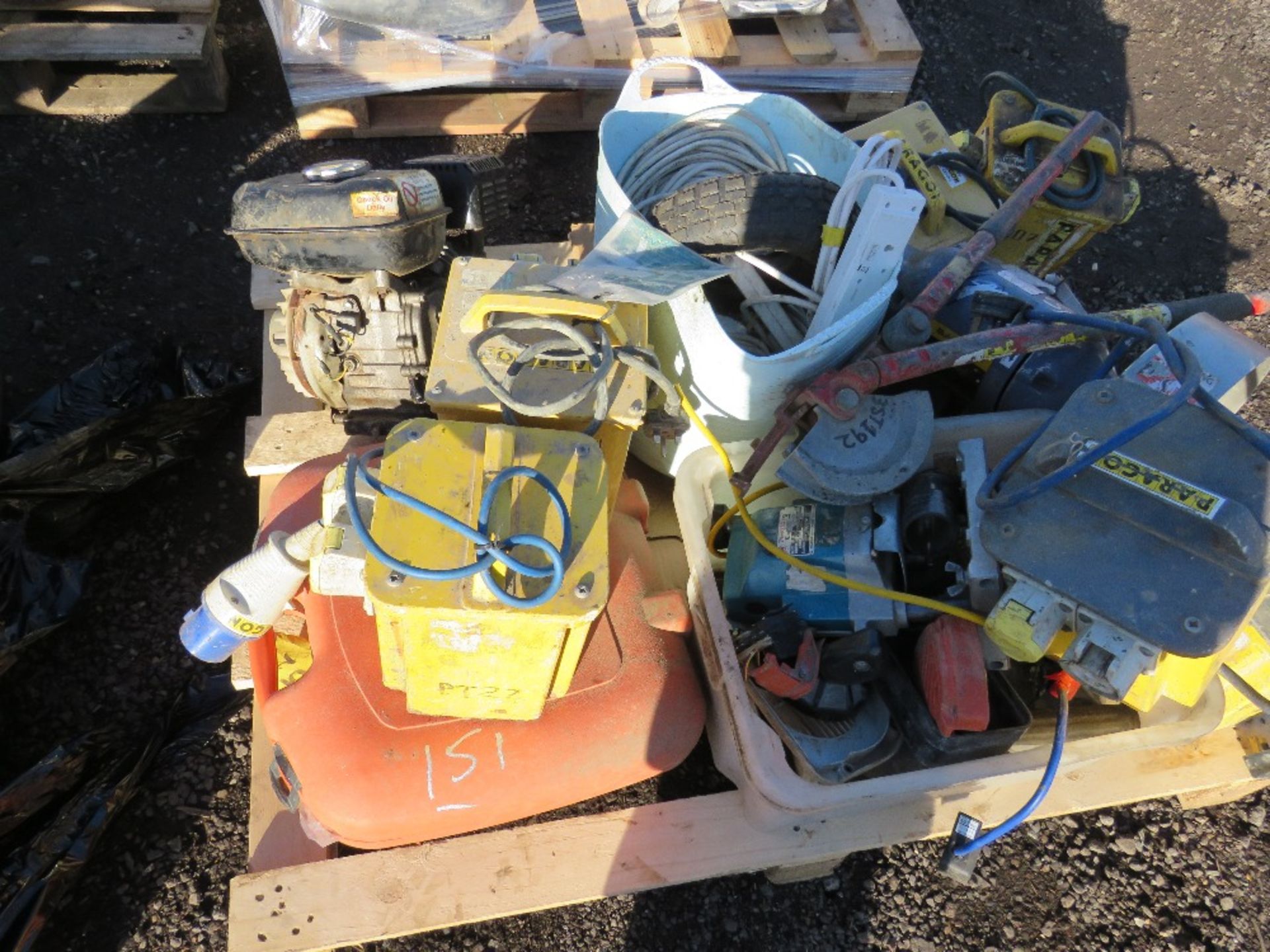 PALLET CONTAINING 6 X TRANSFORMERS PLUS AN ENGINE AND VARIOUS TOOLS AND PARTS.