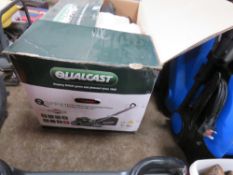 QUALCAST PETROL MOWER IN BOX. CONDITION UNKNOWN. WITH COLLECTOR.