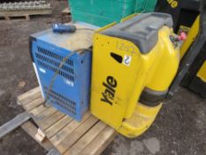 YALE MP20L PEDESTRIAN PALLET TRUCK, WITH CHARGER, UNTESTED, BATTERY FLAT. (WAS WORKING IN A SMALL YA