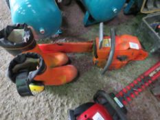 HUSQVARNA 268 PETROL CHAINSAW PLUS SAFETY BOOTS AND MUFFS.