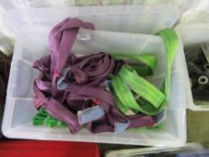 BOX OF LIFTING SLINGS, UNTESTED. SOURCED FROM DEPOT CLEARANCE DUE TO A CHANGE IN COMPANY POLICY.