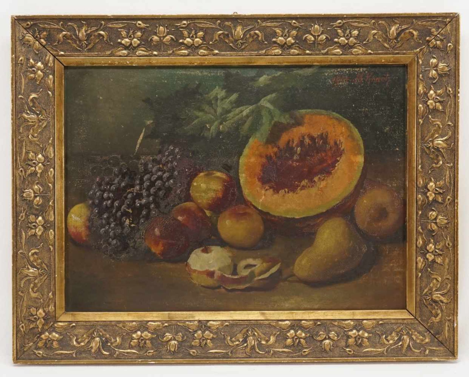 M. Krach, "Stillleben mit Melone, Trauben und Äpfeln"