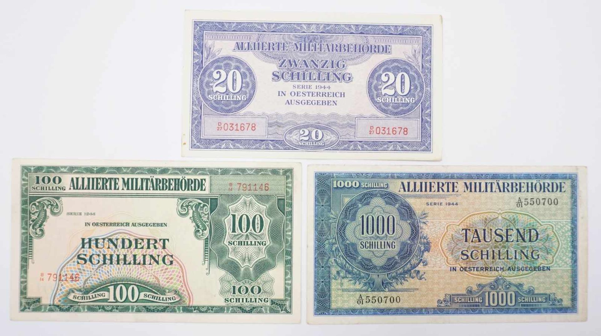 Drei Banknoten der Alliierten Militärbehörde, für Österreich