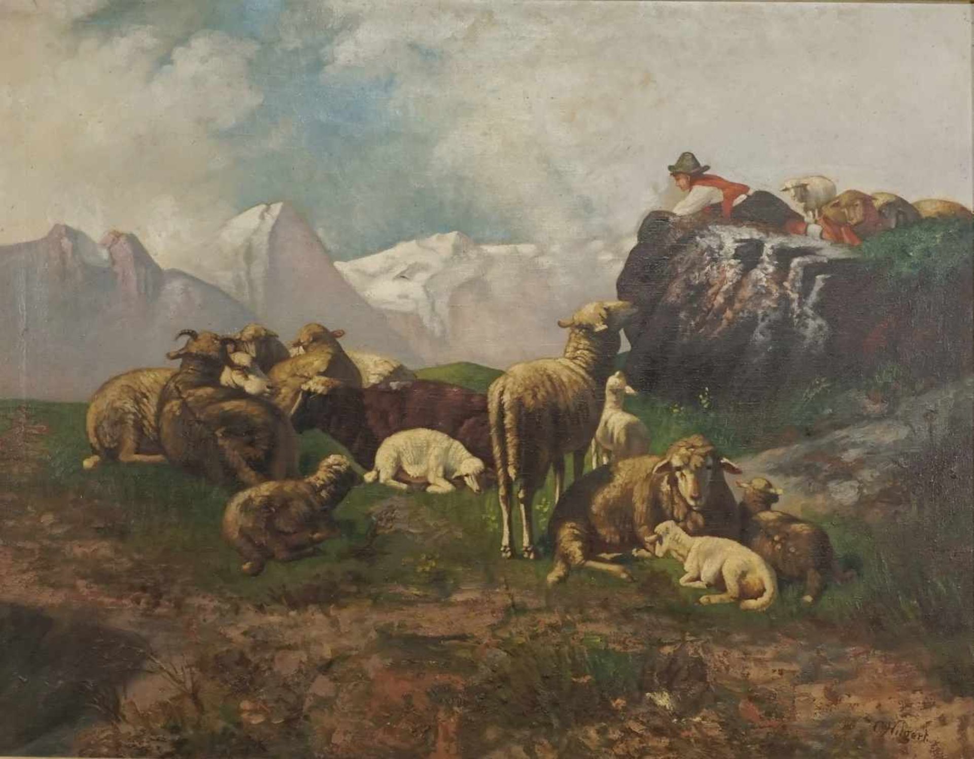 C. Hilgert, "Schafherde mit Hirtem im Gebirge"