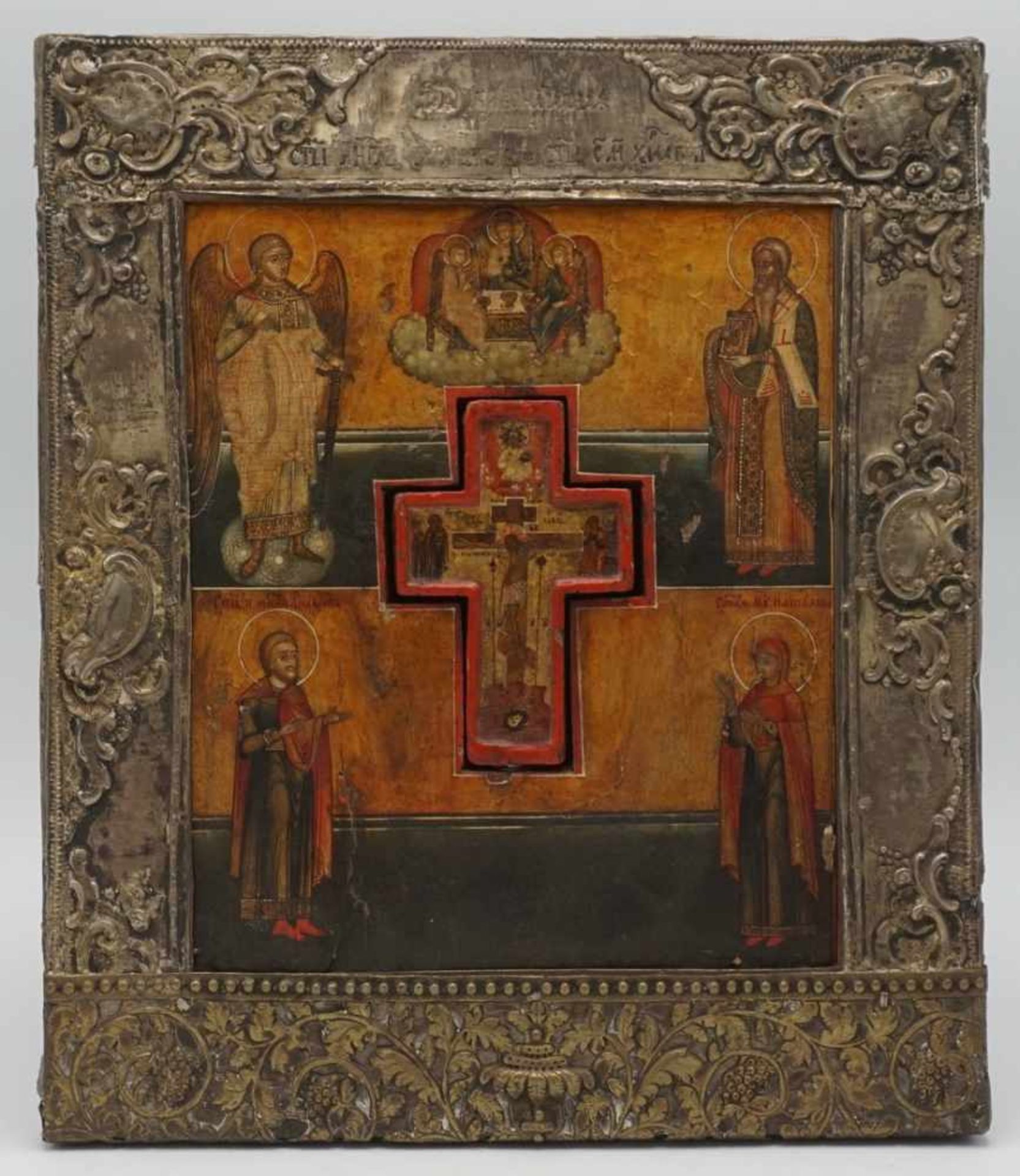 Seltene Staurothek-Ikone mit eingelegtem Holzkreuz mit Reliquienfach, Russland, 18./19. Jh.Bildfeld:
