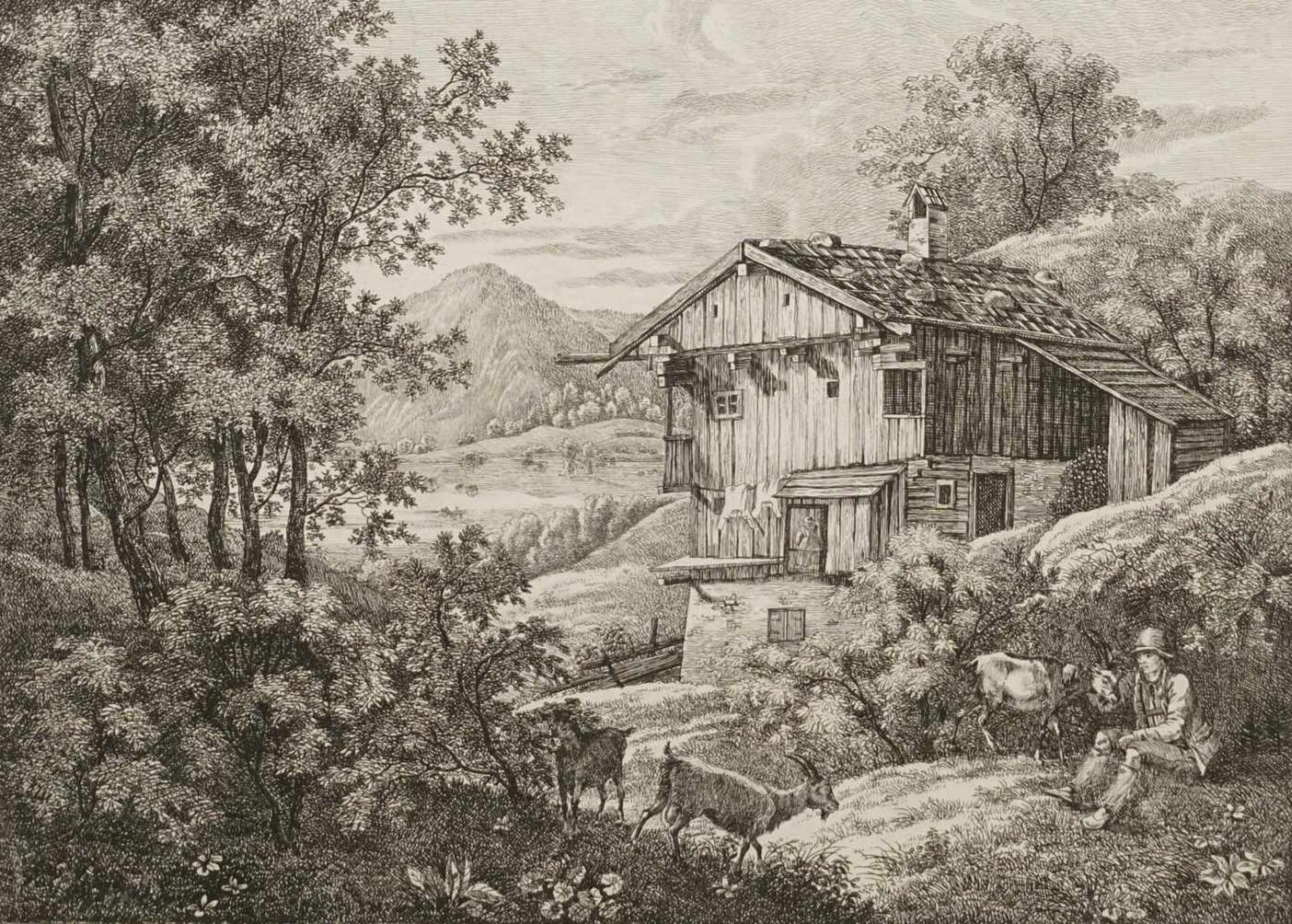 Philipp Josef Kraus, "Almhütte mit Ziegenhirten am Tegernsee"