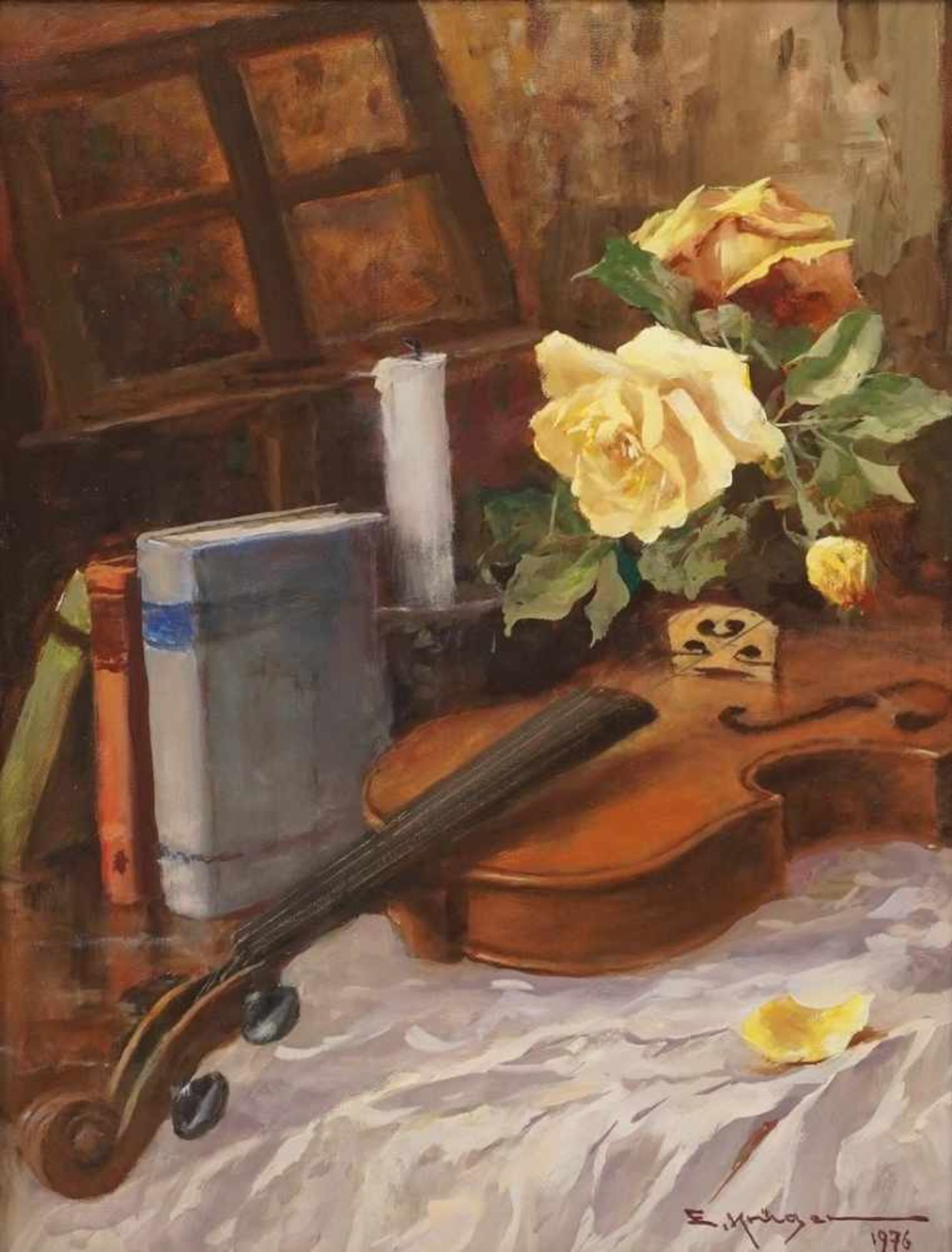 Erich Krüger, "Stillleben mit Violine und gelben Rosen"