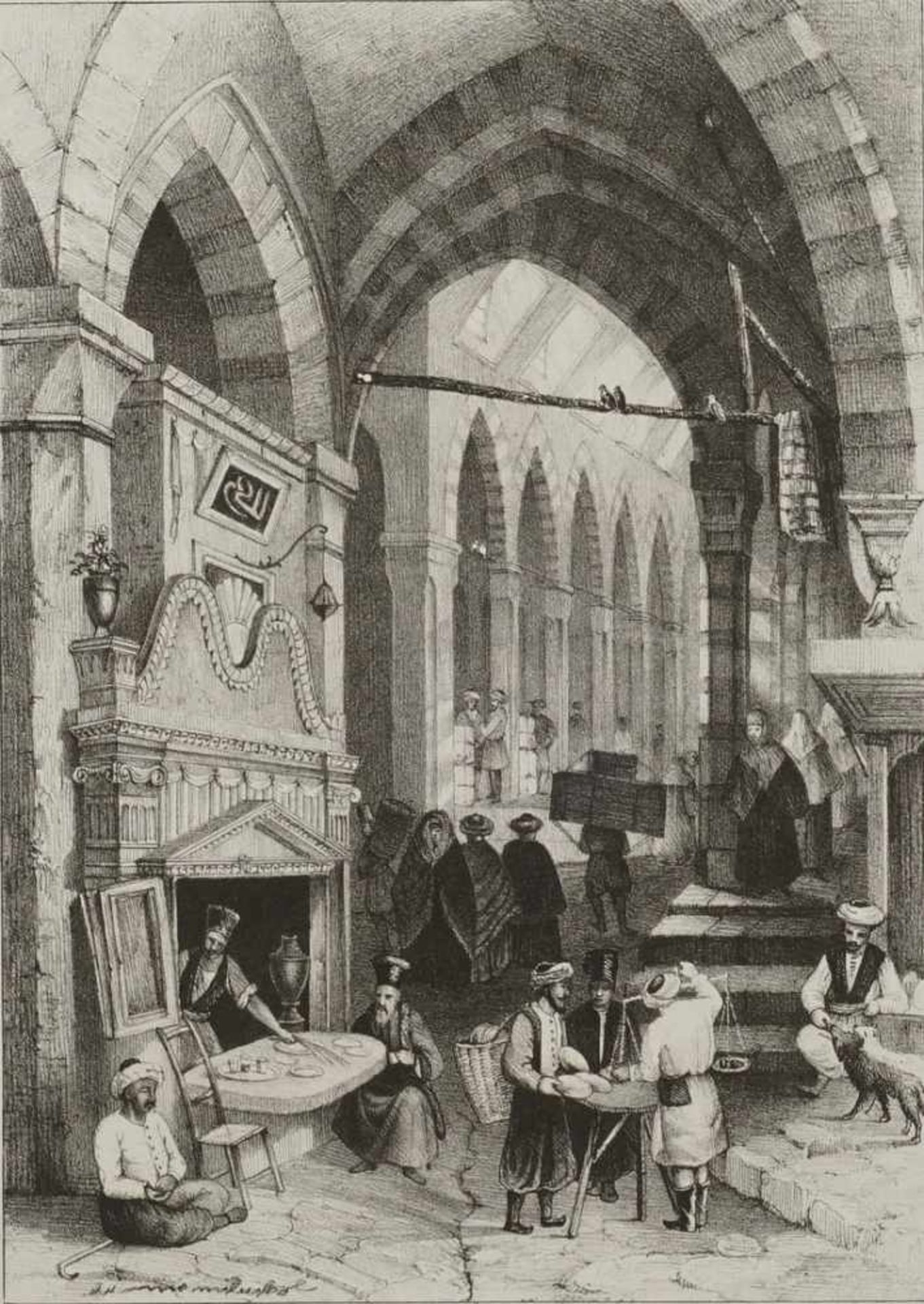 Lithograph, "Scene in einem türkischen Bazaar"