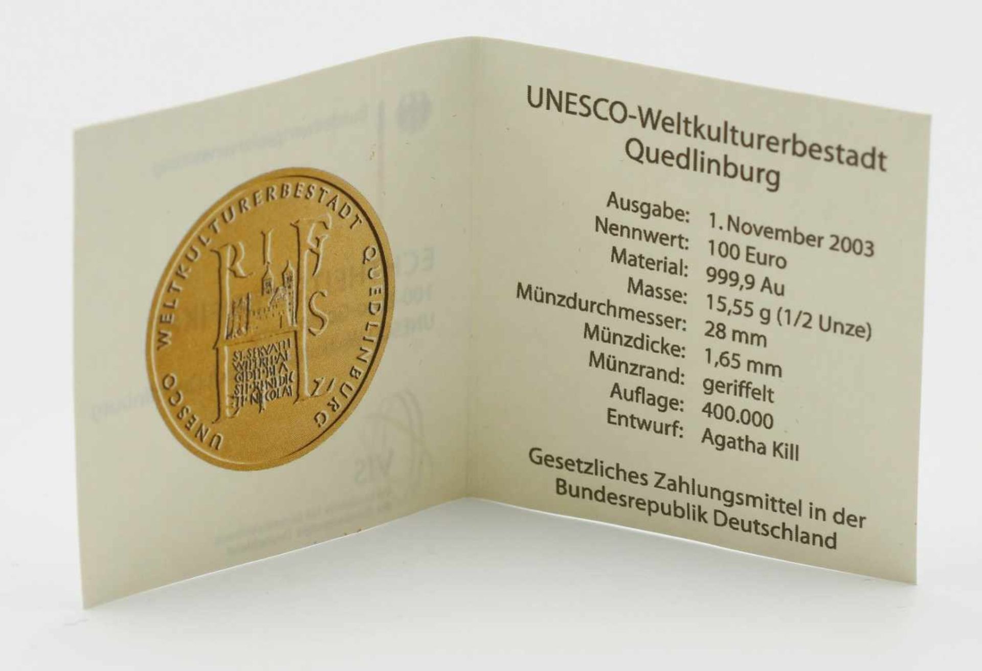 100-Euro-Goldmünze UNESCO-Weltkulturerbestadt Quedlinburg - Bild 3 aus 3
