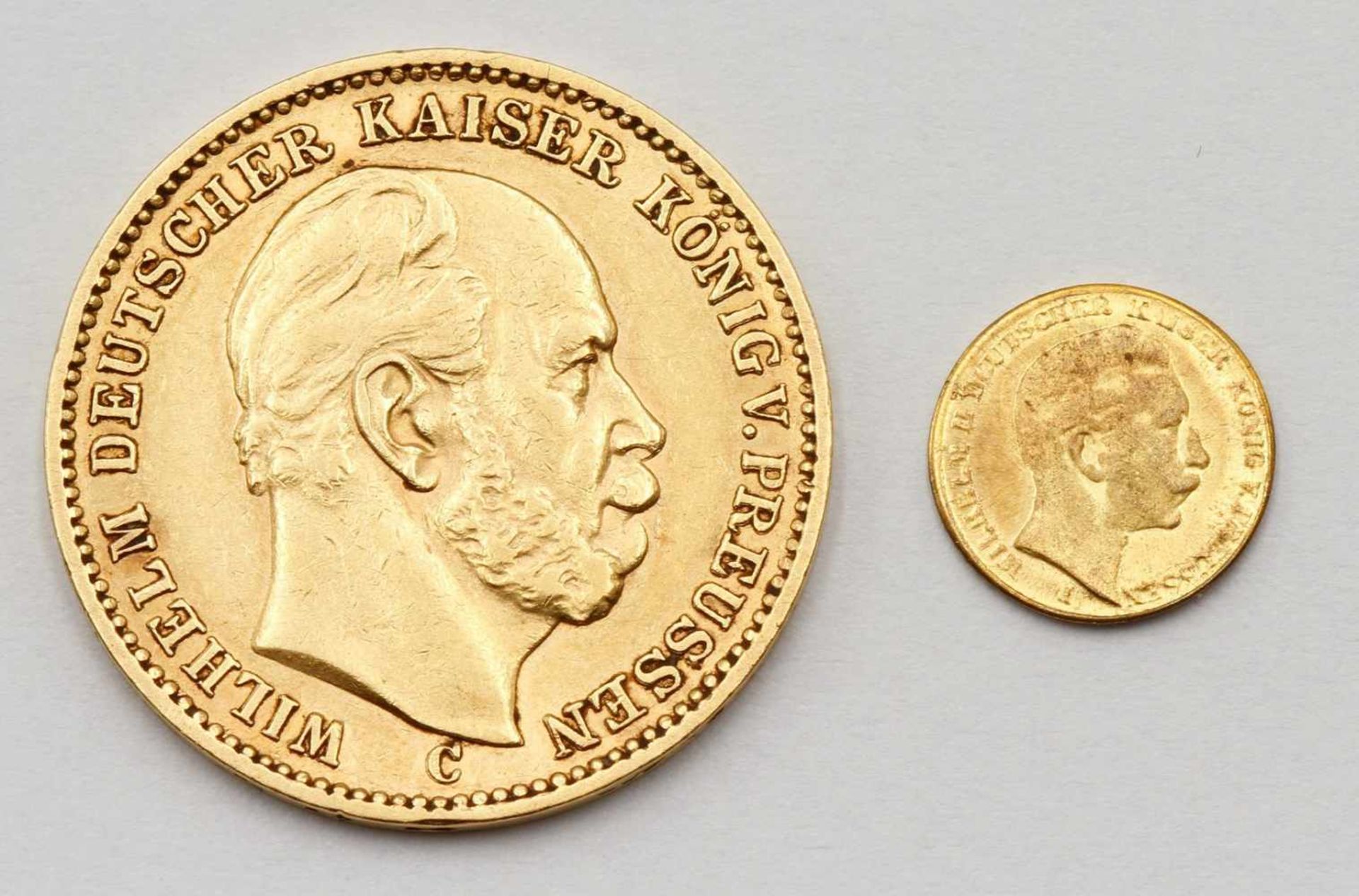 20 Mark Reichsgoldmünze Wilhelm I. und 20 Mark Miniatur Münze Wilhelm II.