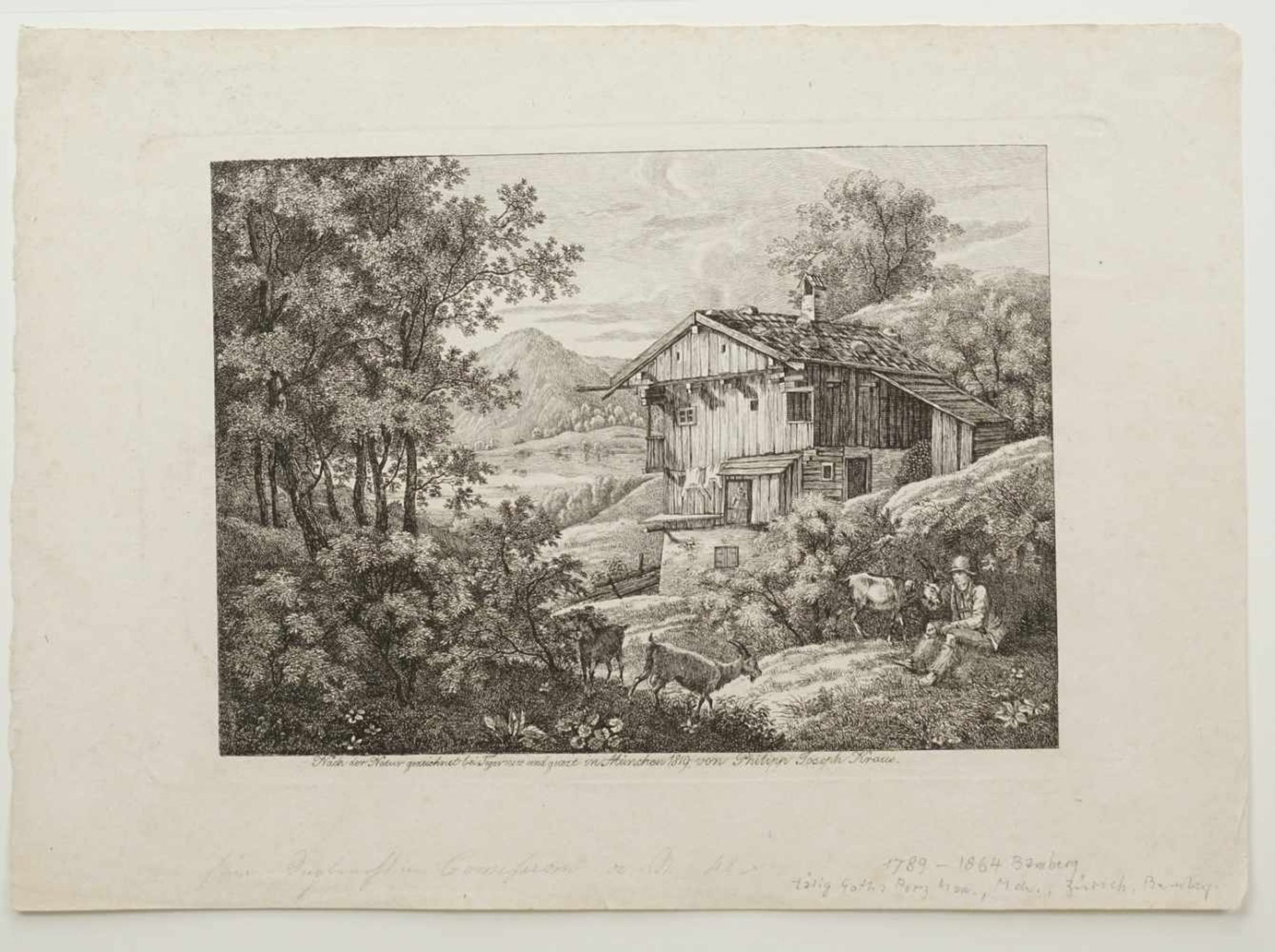 Philipp Josef Kraus, "Almhütte mit Ziegenhirten am Tegernsee" - Image 3 of 3