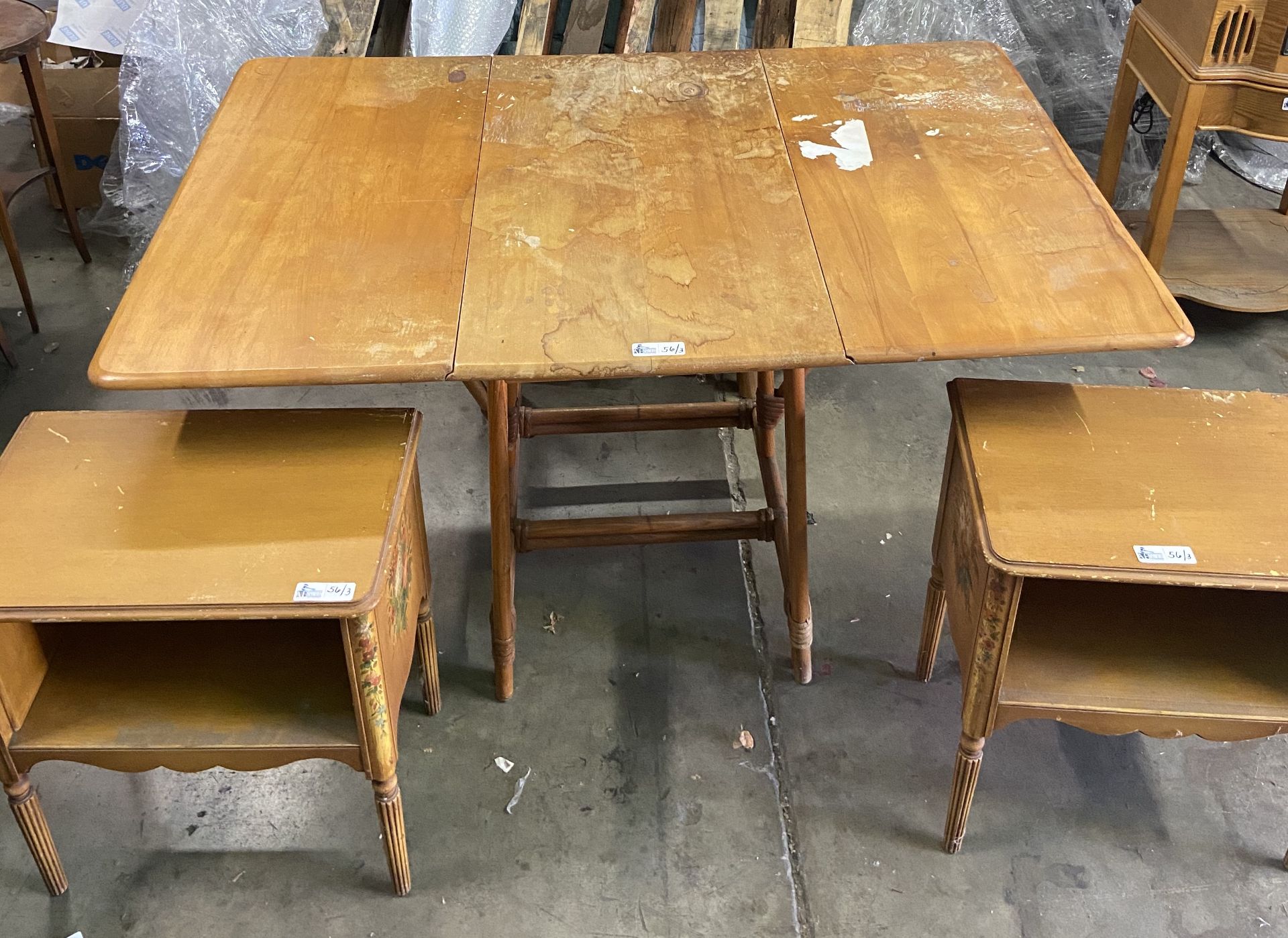 LOT OF 3 VINTAGE BLONDE WOOD TABLES