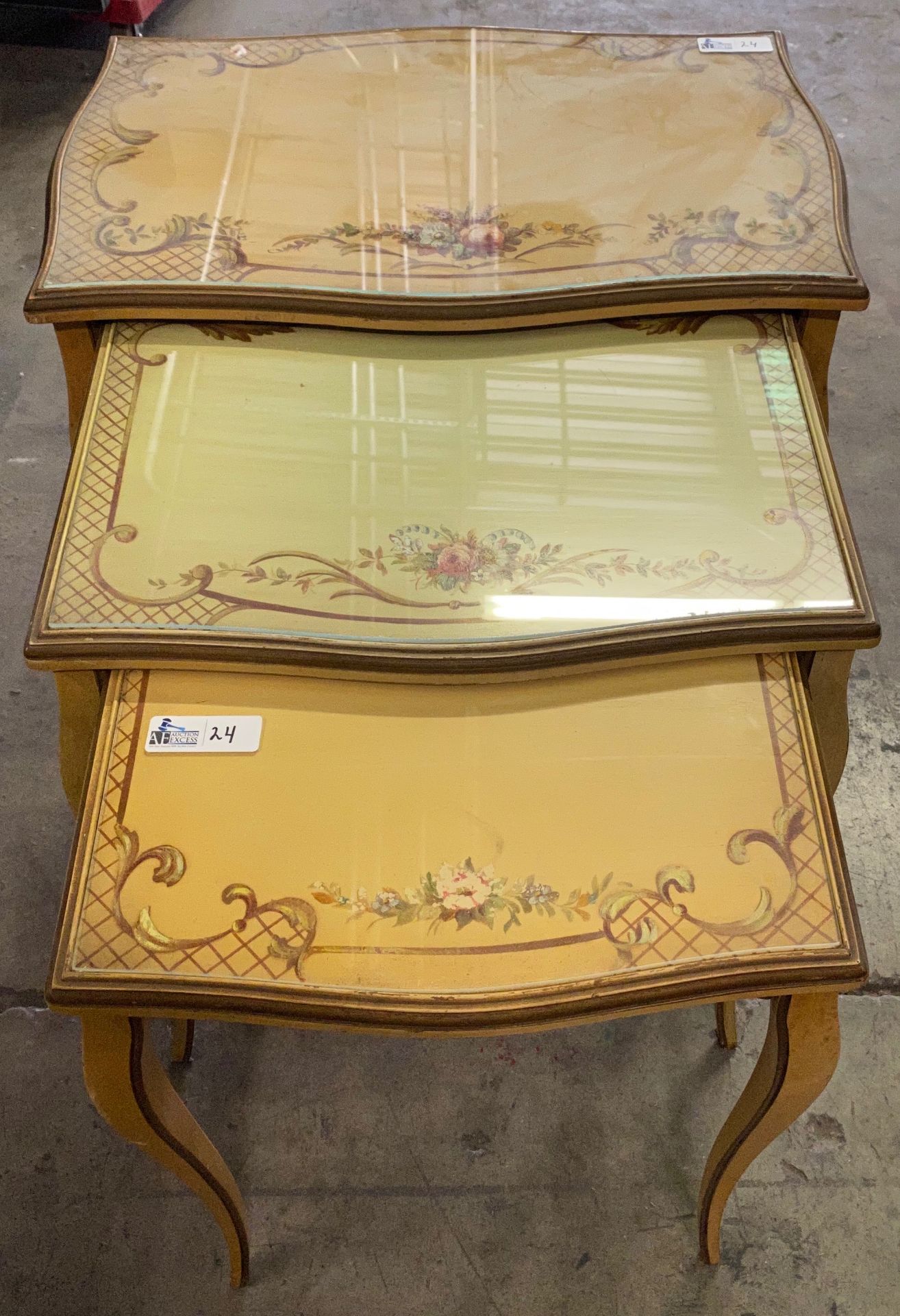 VINTAGE NESTING TABLE SET WOOD WITH GLASS TOPS SET OF 3