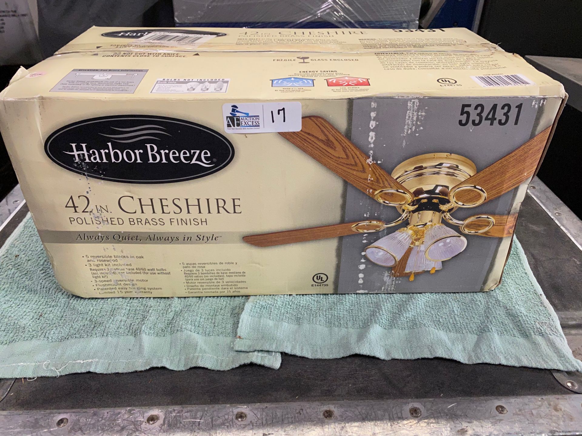 HARBOR BREEZE 42" POLISHED BRASS CEILING FAN "CHESHIRE" NIB