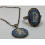 Sterling silver Wedgwood cameo pendant, chain and ring set