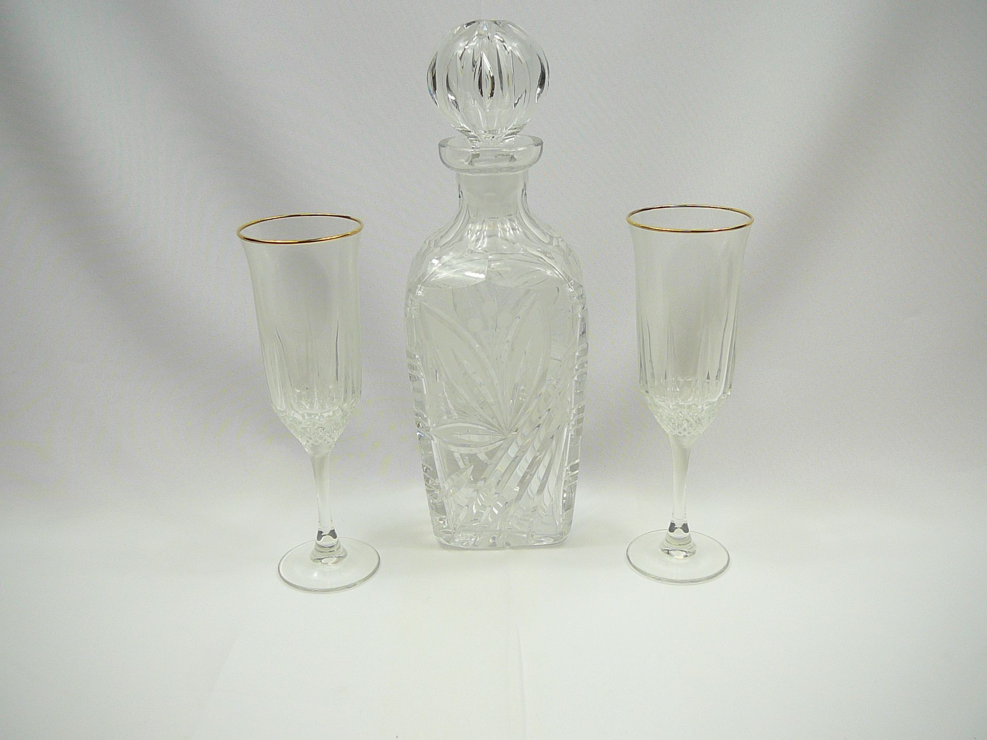 Crystal decanter and pair of champagne flutes - Image 2 of 2