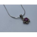 18ct white gold pink sapphire & diamond pendant & chain