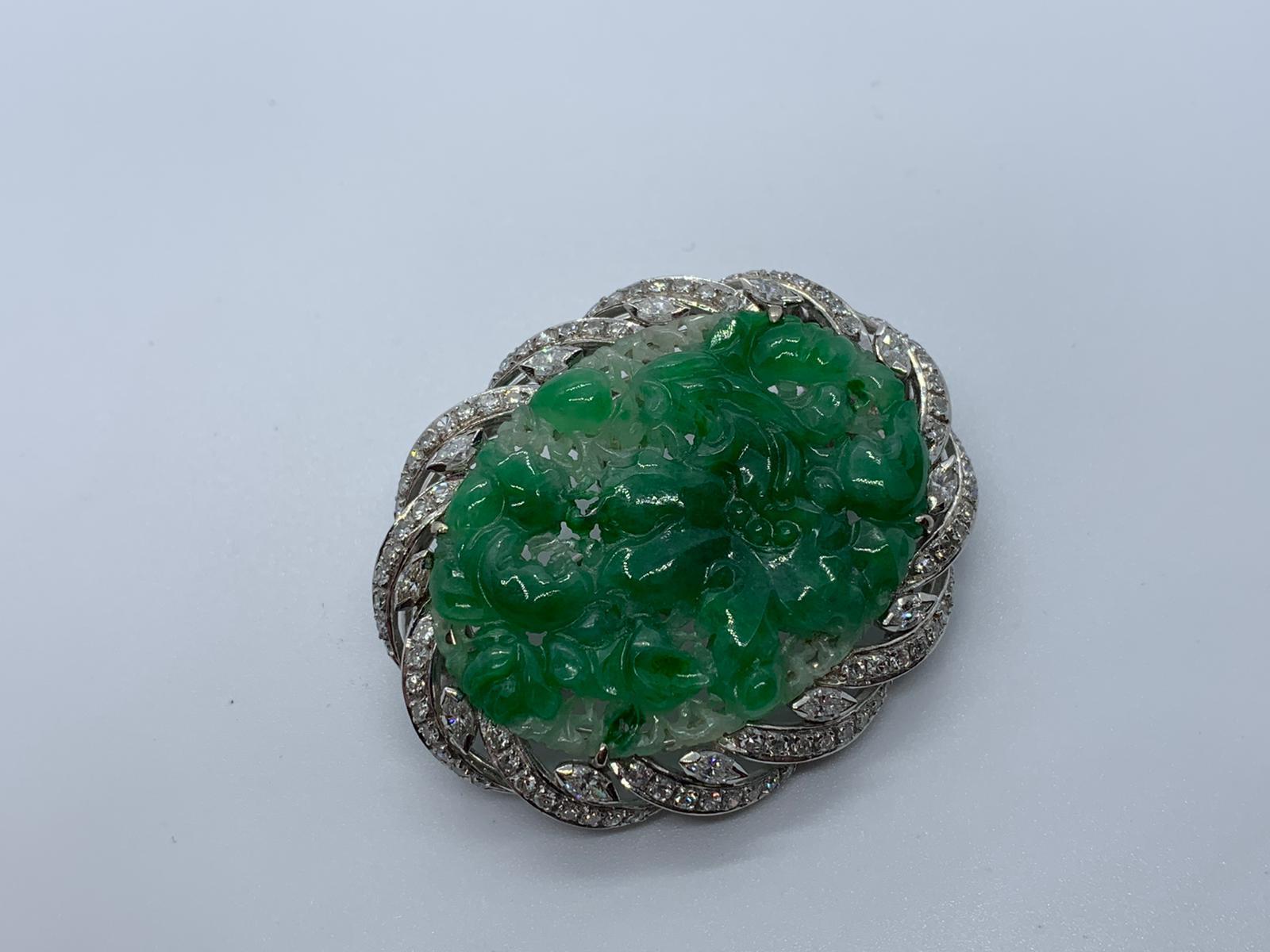 18ct white gold jade & diamond brooch - Image 2 of 4