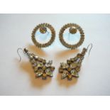 x2 pairs of large vintage white diamante earrings