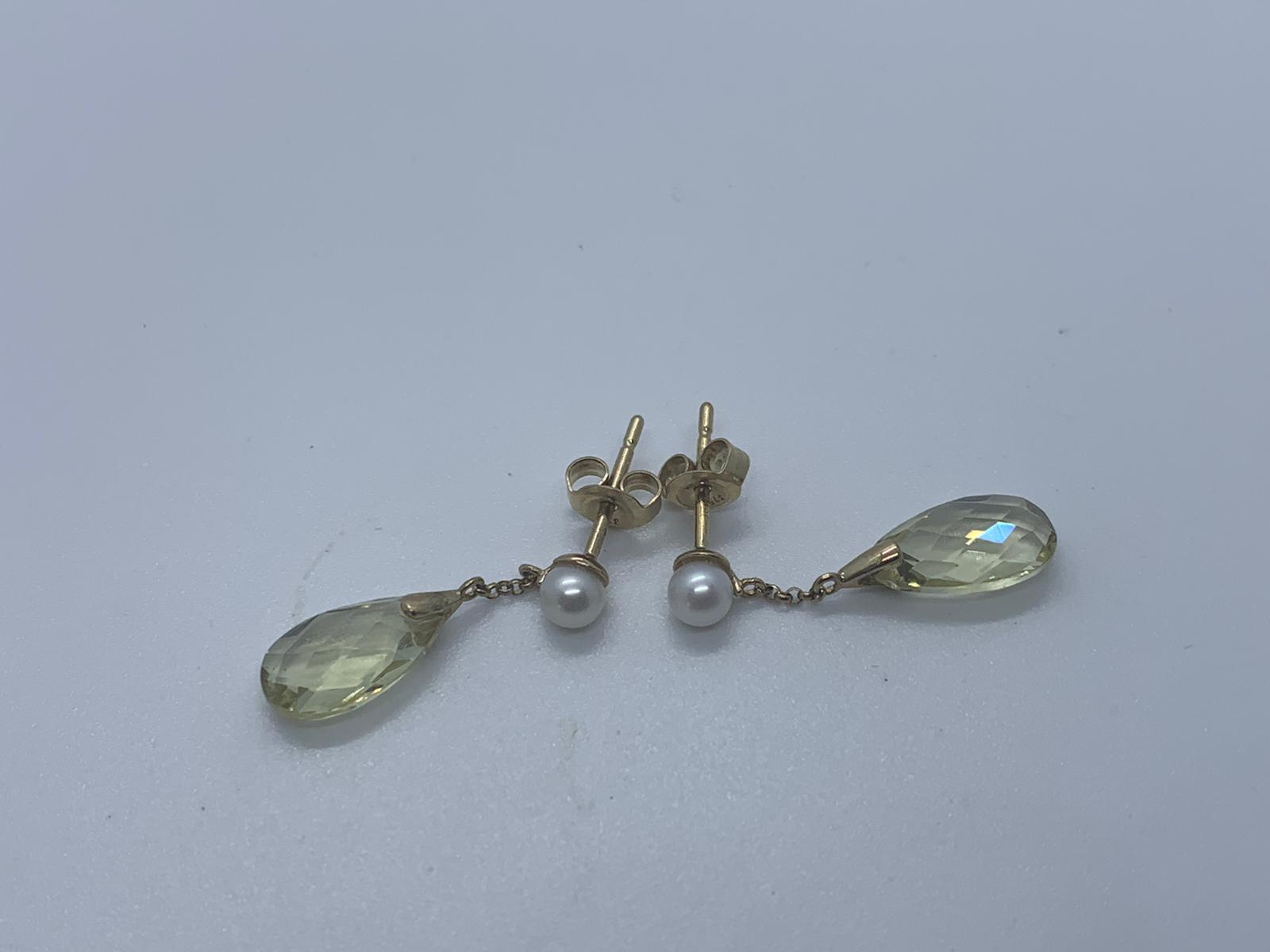 9ct gold lemon quartz and pearl earrings - Image 2 of 2