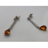 18ct white gold and orange sapphire, diamond drop earrings