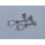 9ct white gold rose quartz and pearl earrings