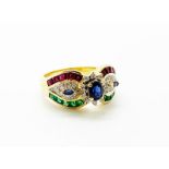 18ct gold, ruby, emerald and diamond ring