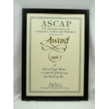 Framed ASCAP music award