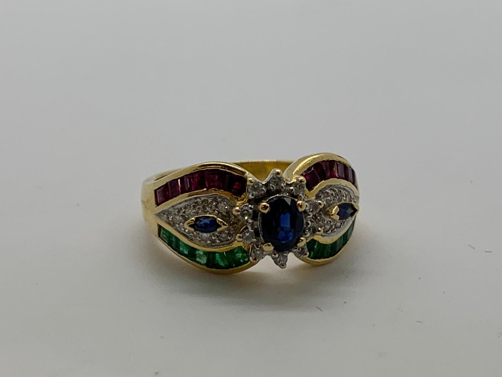 18ct gold ruby, emerald and diamond ring