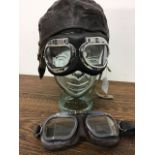 Early leather flying helmet and 2 pairs of goggles