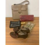 A collection of vintage handbags together with a pair of vintage leather ladies shoes stamped