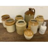 A cider flagon and various pottery storage jars etc W:18cm x D:18cm x H:35cm