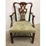 A Victorian mahogany upholstered armchair with tapestry seat. W:58cm x D:49cm x H:93cm