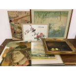 Two needle work pictures, oils and prints (6)
