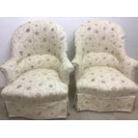 A pair of Victorian bedroom chairs on ceramic castors, newlyupholstered W:75cm x D:88cm x H:97cm