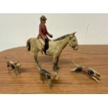 Hand painted wooden huntsman on horse with hounds W:20cm x D:5cm x H:17cm