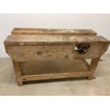 Rustic pine two piece work bench with vice W:146cm x D:61cm x H:85cm