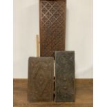Two wooden carved panels and a tray W:26cm x D:cm x H:58.5cm W:26cm x D:cm x H:45cm W:20cm x D:cm