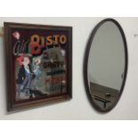 Bistro advertising mirror and an oval bevelled mirror W:44cm x D:cm x H:48cm W:44cm x D:cm x H:72cm