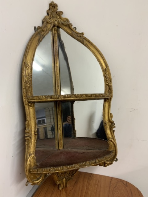 A Georgian gilt corner mirror with shelf decorated with scrolls and shells W:35cm x D:35cm x H: - Image 2 of 6