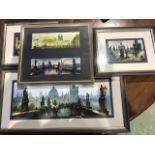 Four framed modern prints of European cities.