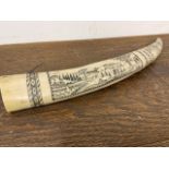 A Faux walrus tusk scrimshaw inscribed Captain J.O Norton W:6cm x D:4cm x H:45cm